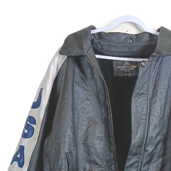Golden Leather USA Flag Bomber Jacket Mens XL Fur Zip Biker America Y2K Patriot - Picture 2 of 6